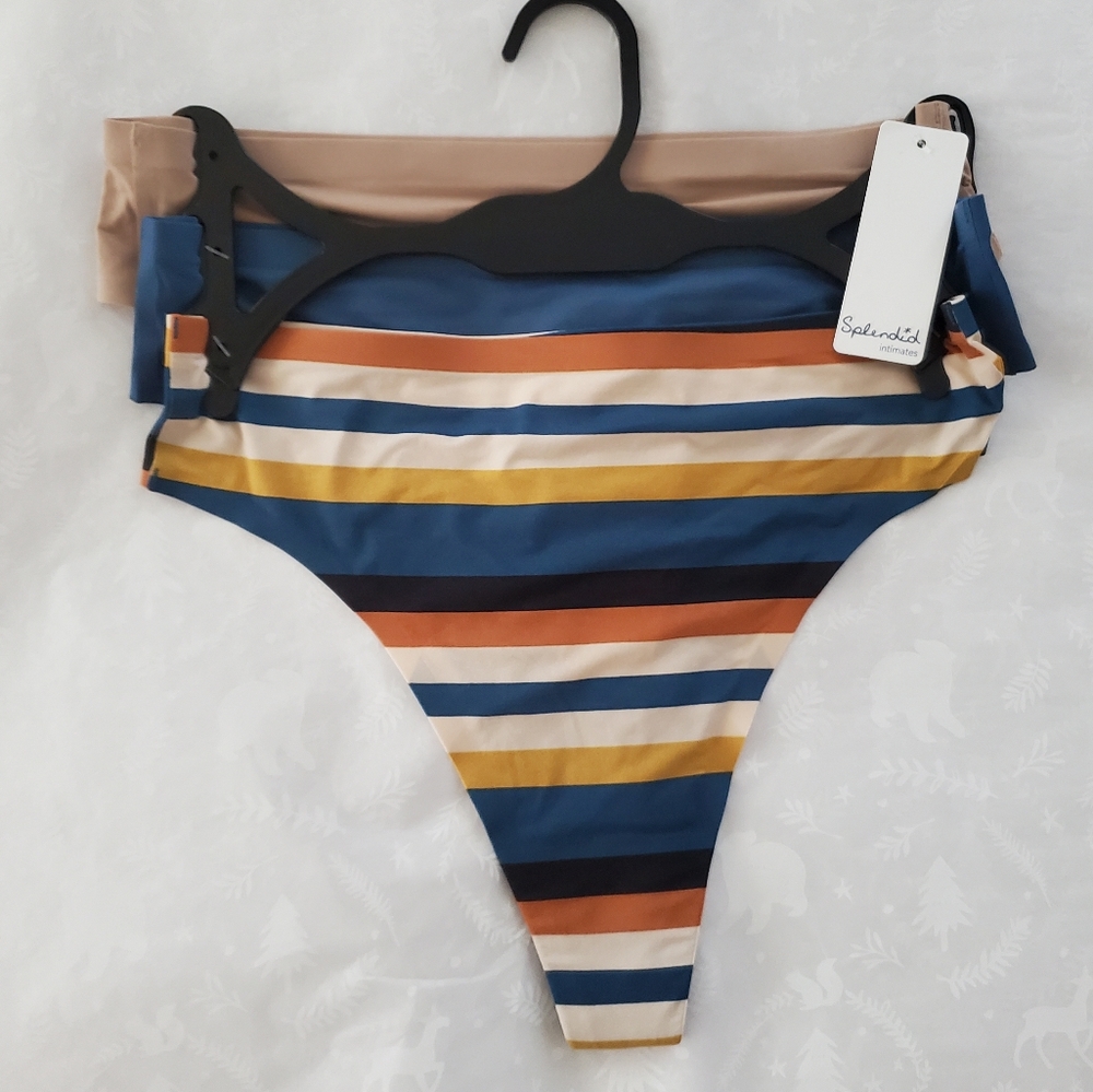 💕NWT Splendid 3-pack thong panties small stripe Teal naked